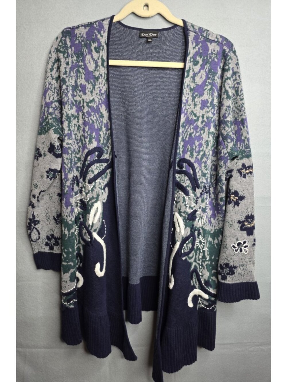 Dor Dor Couture Cardigan Womens XL Navy Blue Grey Floral Jacquard Open Long Slve